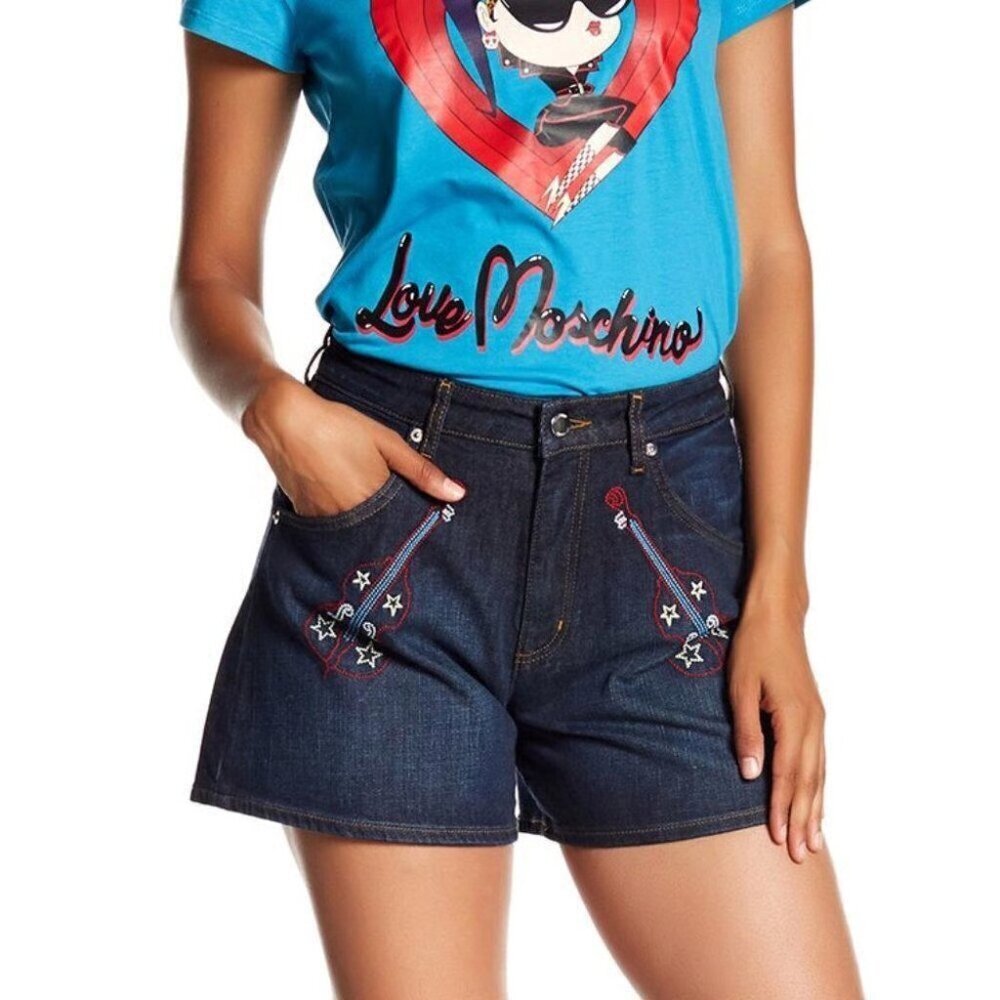 New Love Moschino Embroidered Guitar Denim Shorts Size 26